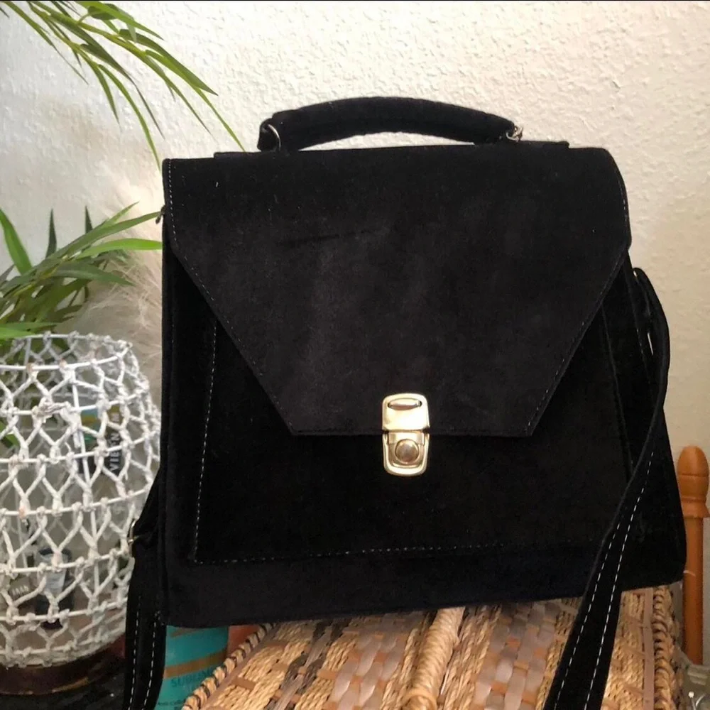 90s Vintage Goth Black Faux Suede Velvet Envelope Flap Briefcase Hand Bag Purse